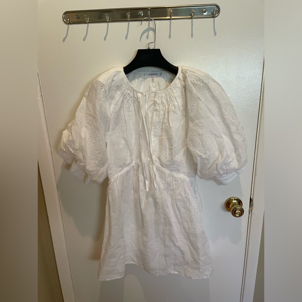 Frame Eyelet Puff Sleeve Mini Dress in White NWOT Size XS